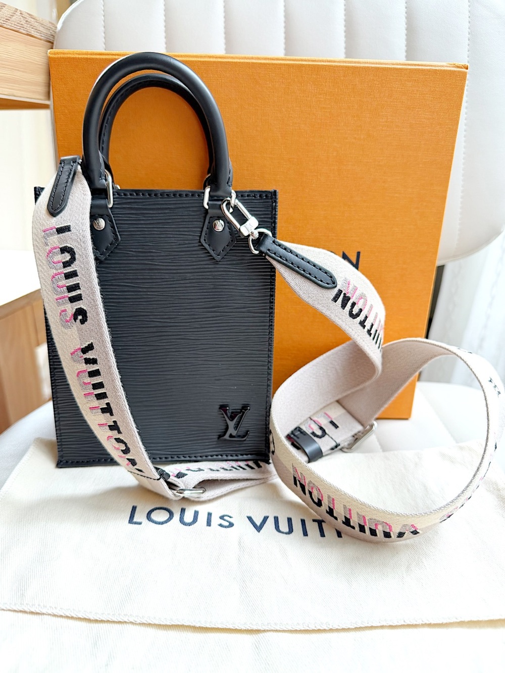 Louis Vuitton Petit Sac Plat Epi Leather Logo Jacquard Strap crossbody bag black